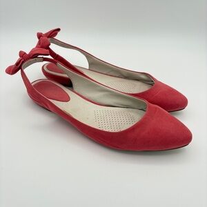 Portia “Bravo” Slingback Flats Rose Faux Suede, Closed Toe, Back Bow 9M